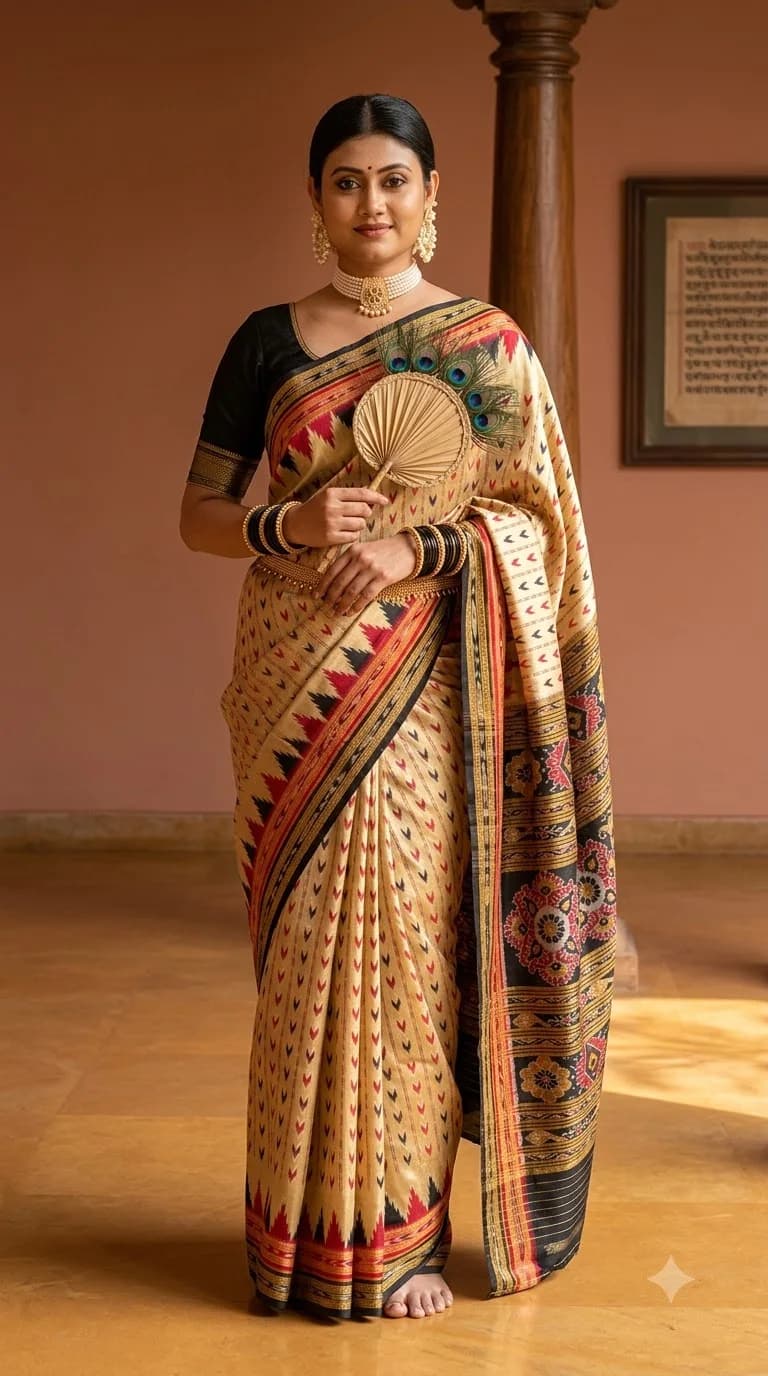 Beige Temple Border Saree with Dot Motifs, Bomkai saree at Handloom Garden Puri