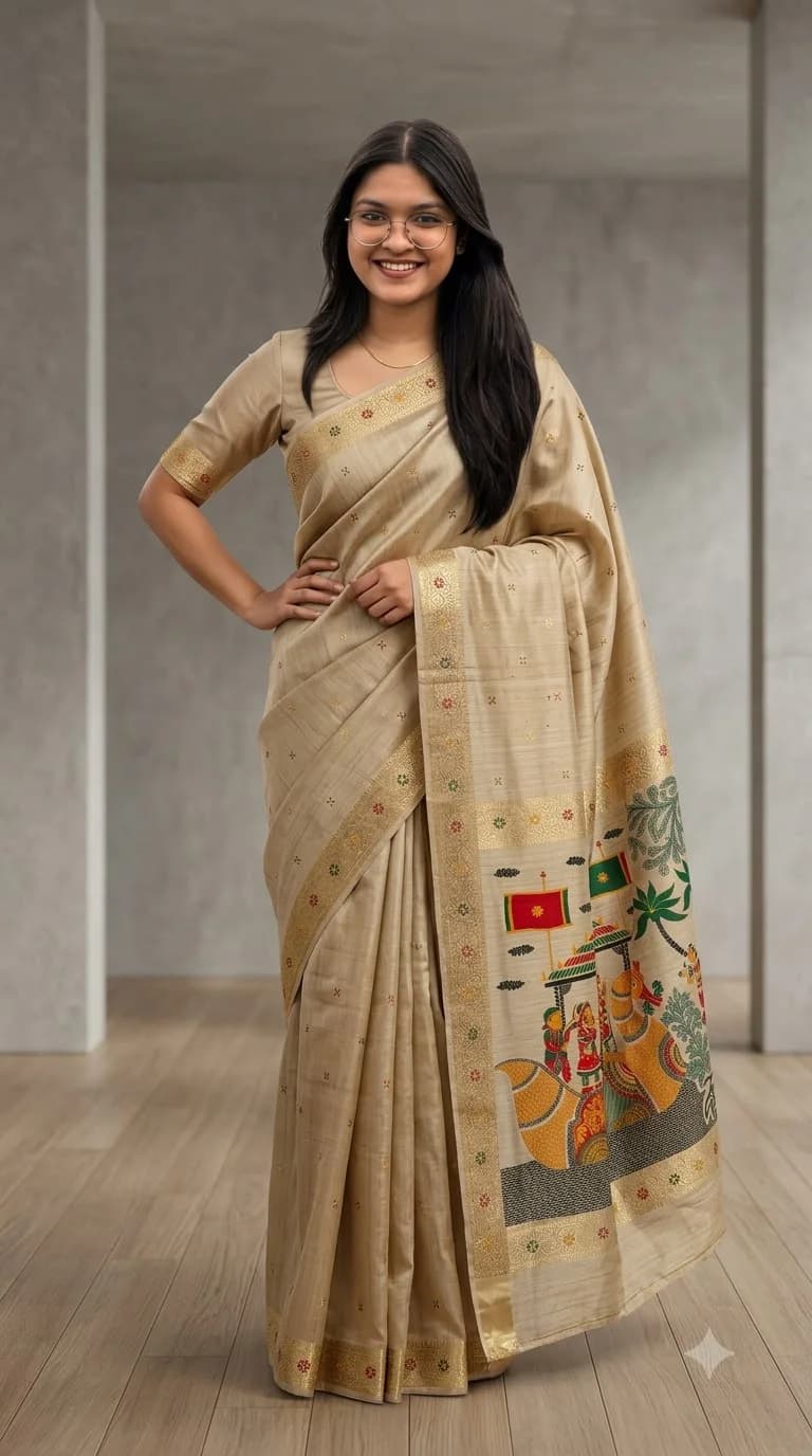 Beige Tussar Saree with Painted Pallu, Patachitra Art saree at Handloom Garden Puri