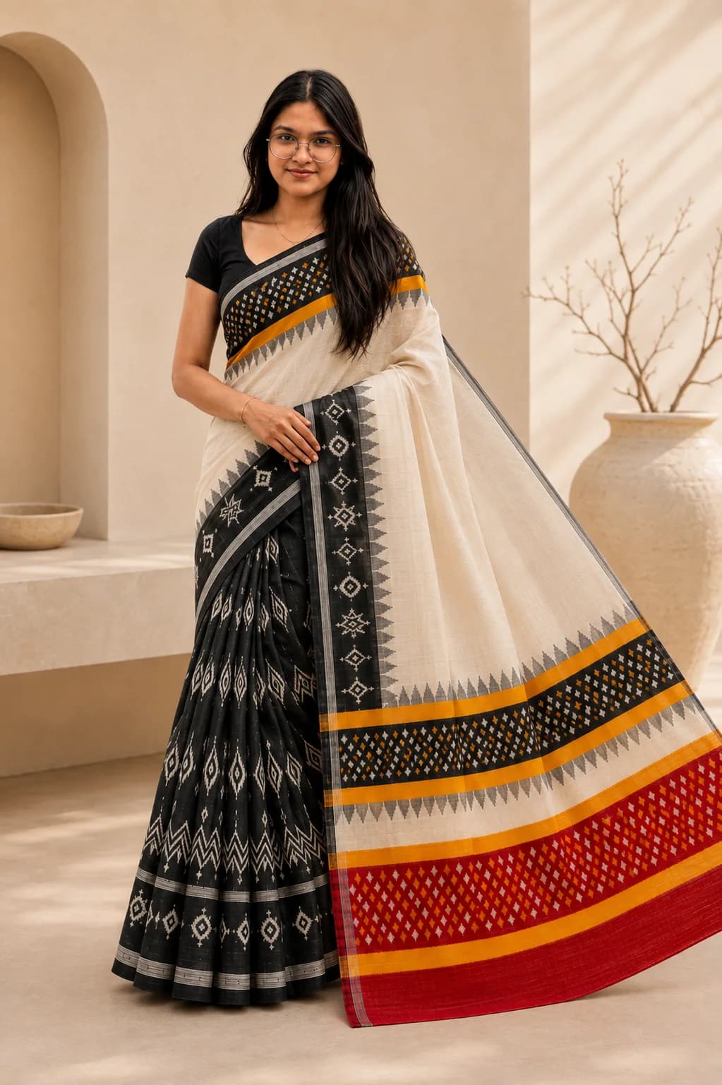 Black & Ivory Ikat Saree with Crimson Pallu, Odisha Ikat saree at Handloom Garden Puri