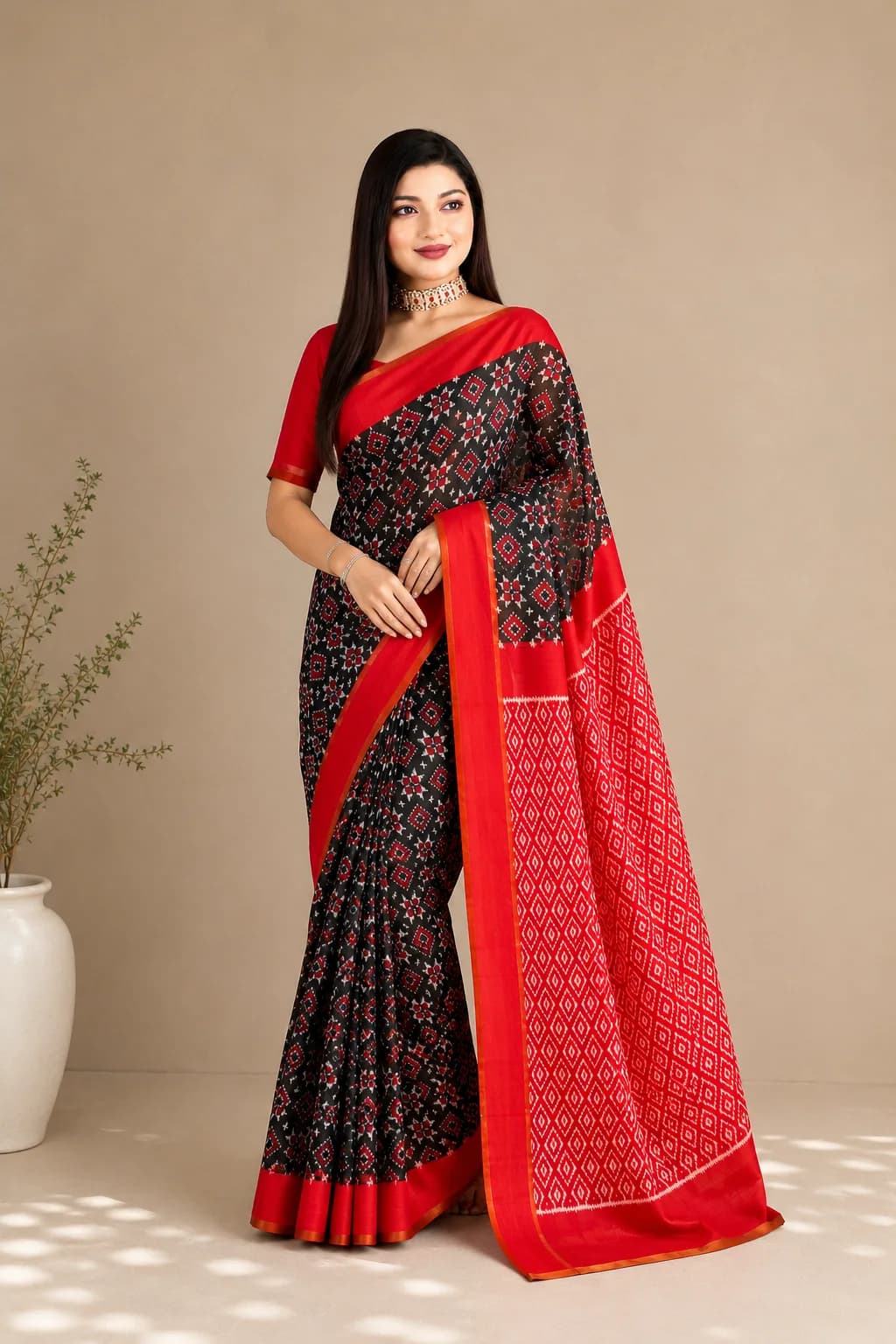 Black & Red Sambalpuri Bandha Saree, an example of Sambalpuri Saree