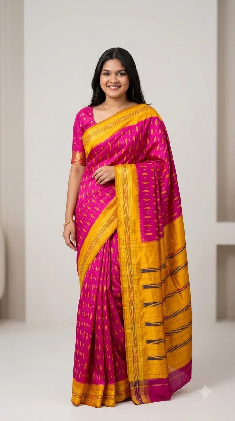 Fuchsia & Yellow Striped Pallu Saree, Odisha Ikat saree at Handloom Garden Puri