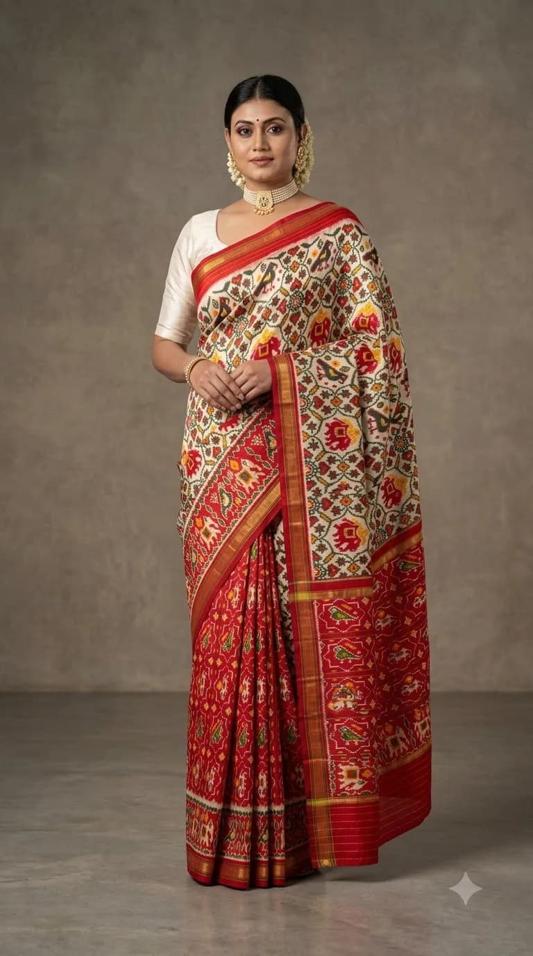Ivory & Red Patola Motif Saree, Odisha Ikat saree at Handloom Garden Puri