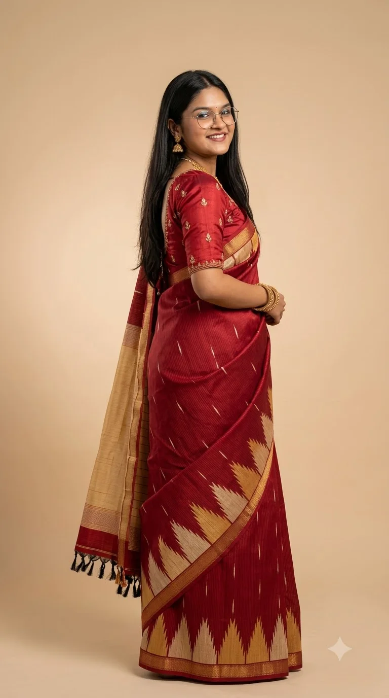Maroon Kumbha Temple Border Saree, a bomkai saree at Handloom Garden Puri