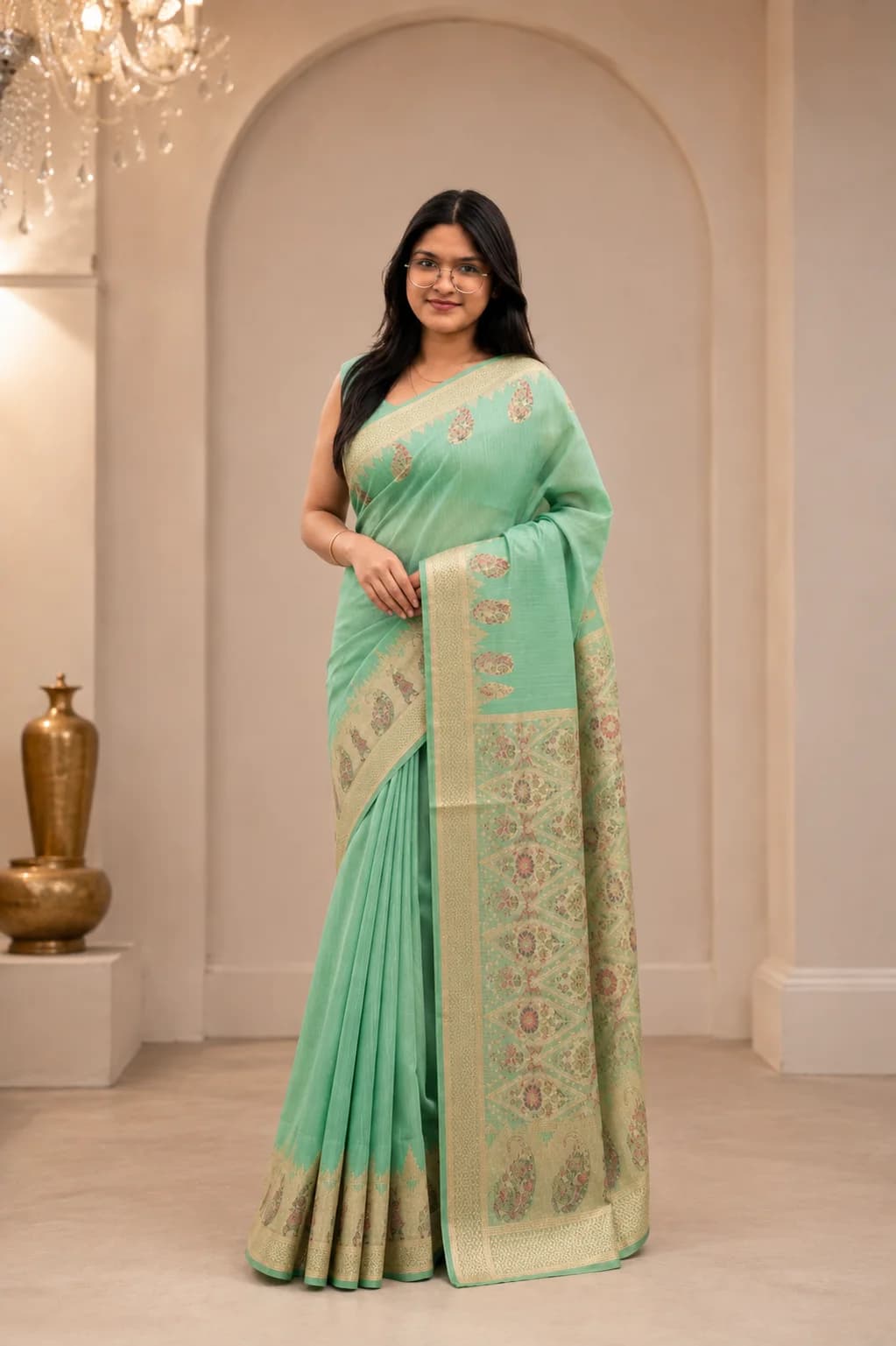 Mint Green Zari Handloom Saree, Handloom Classic saree at Handloom Garden Puri