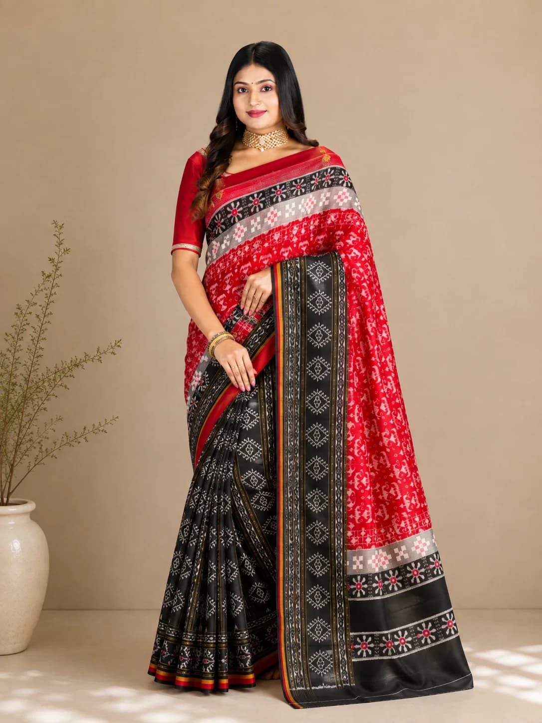 Scarlet & Black Sambalpuri Temple Pallu Saree, Sambalpuri Ikat saree at Handloom Garden Puri