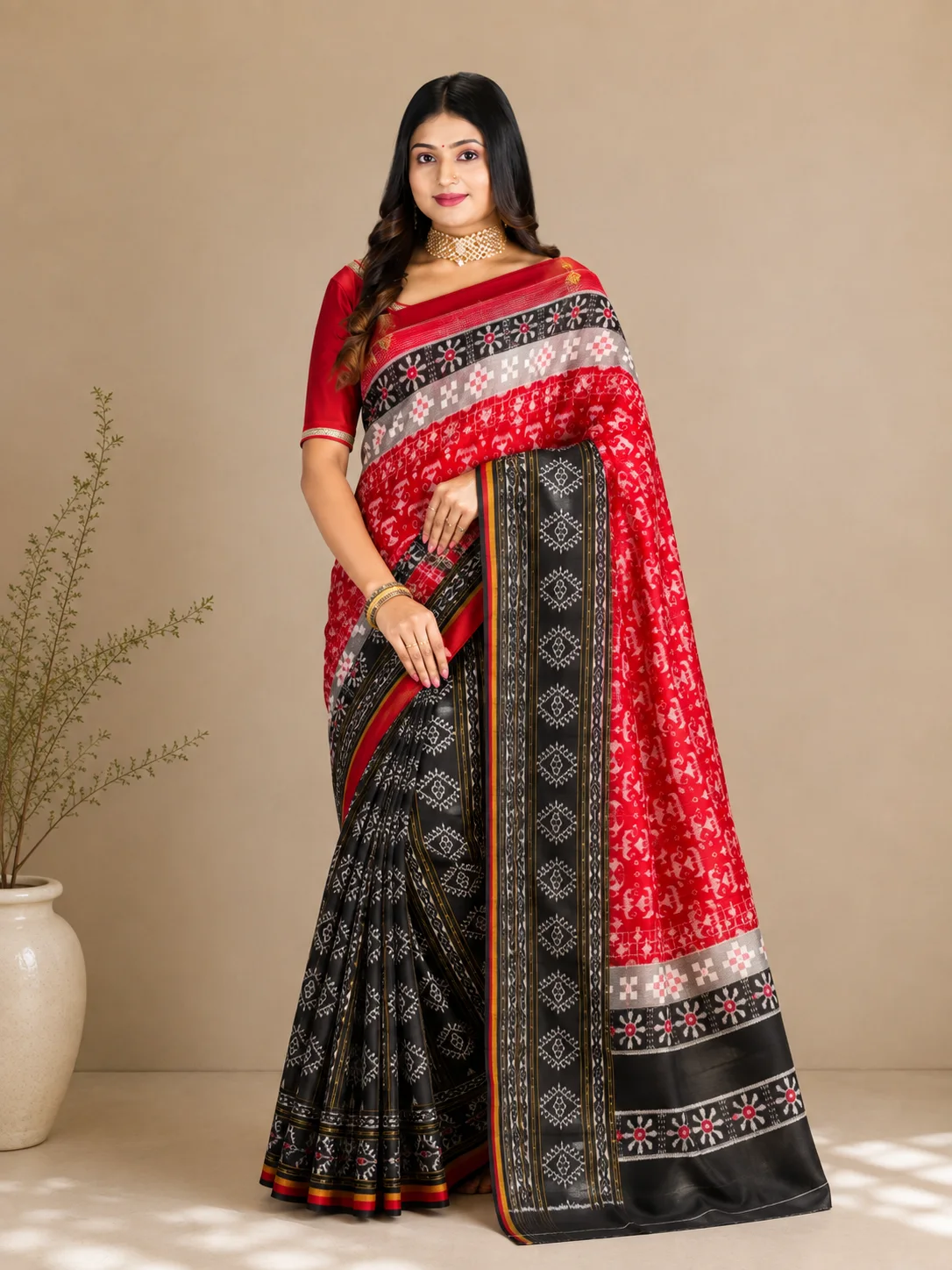 Scarlet & Black Sambalpuri Temple Pallu Saree, a sambalpuri ikat saree at Handloom Garden Puri