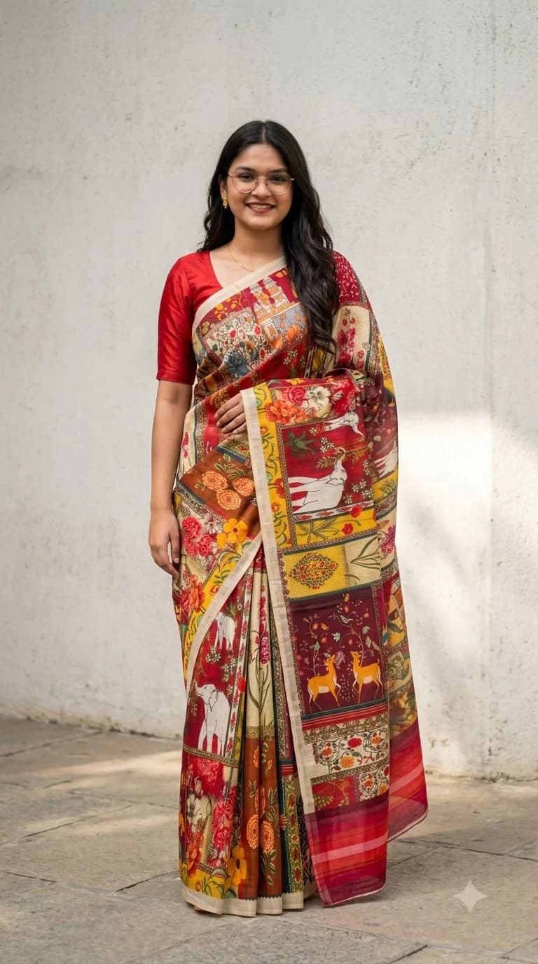 Vermilion Patachitra Panel Saree, Patachitra Art saree at Handloom Garden Puri