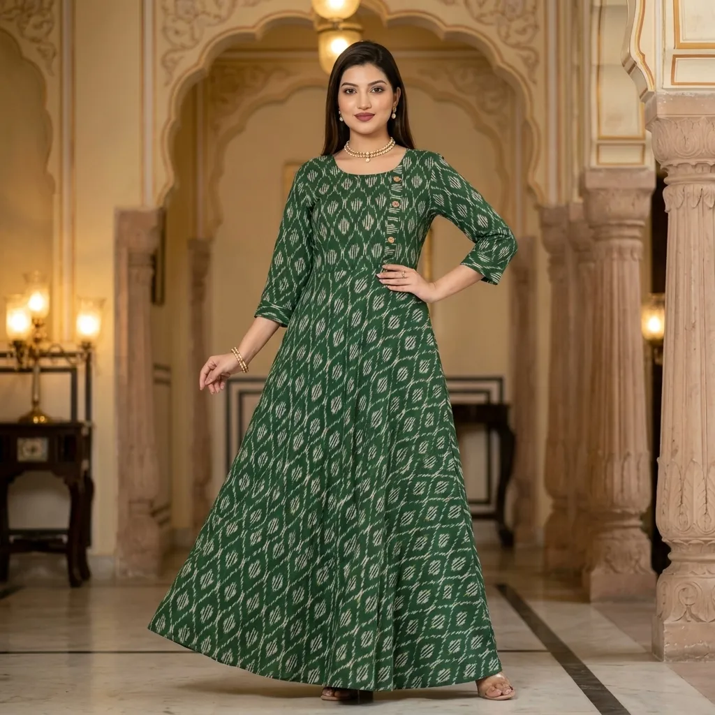 Bottle Green Ikat Anarkali Frock, odisha ikat frocks at Handloom Garden, Swargadwar, Puri