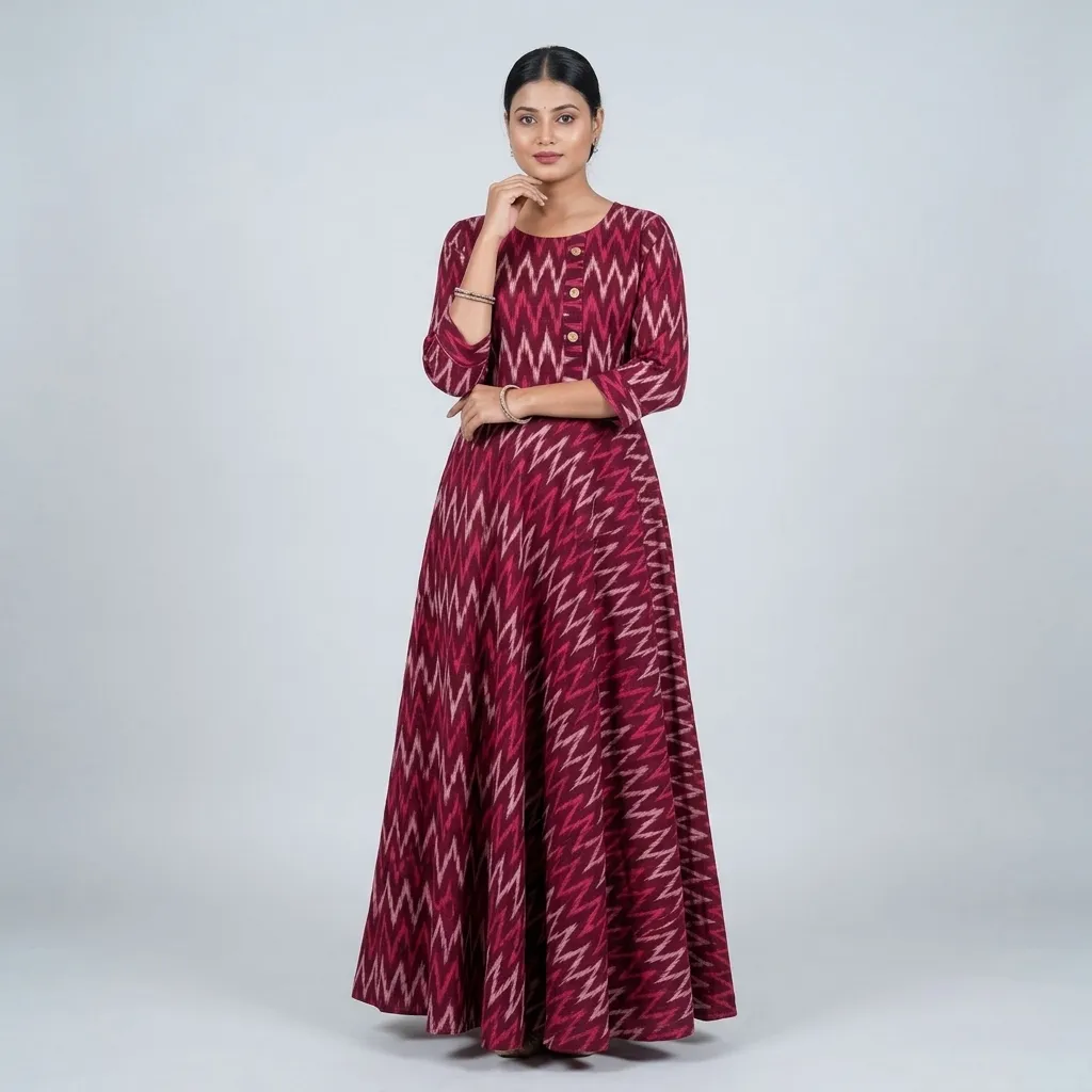 Maroon Ikat Anarkali Frock, odisha ikat frocks at Handloom Garden, Swargadwar, Puri
