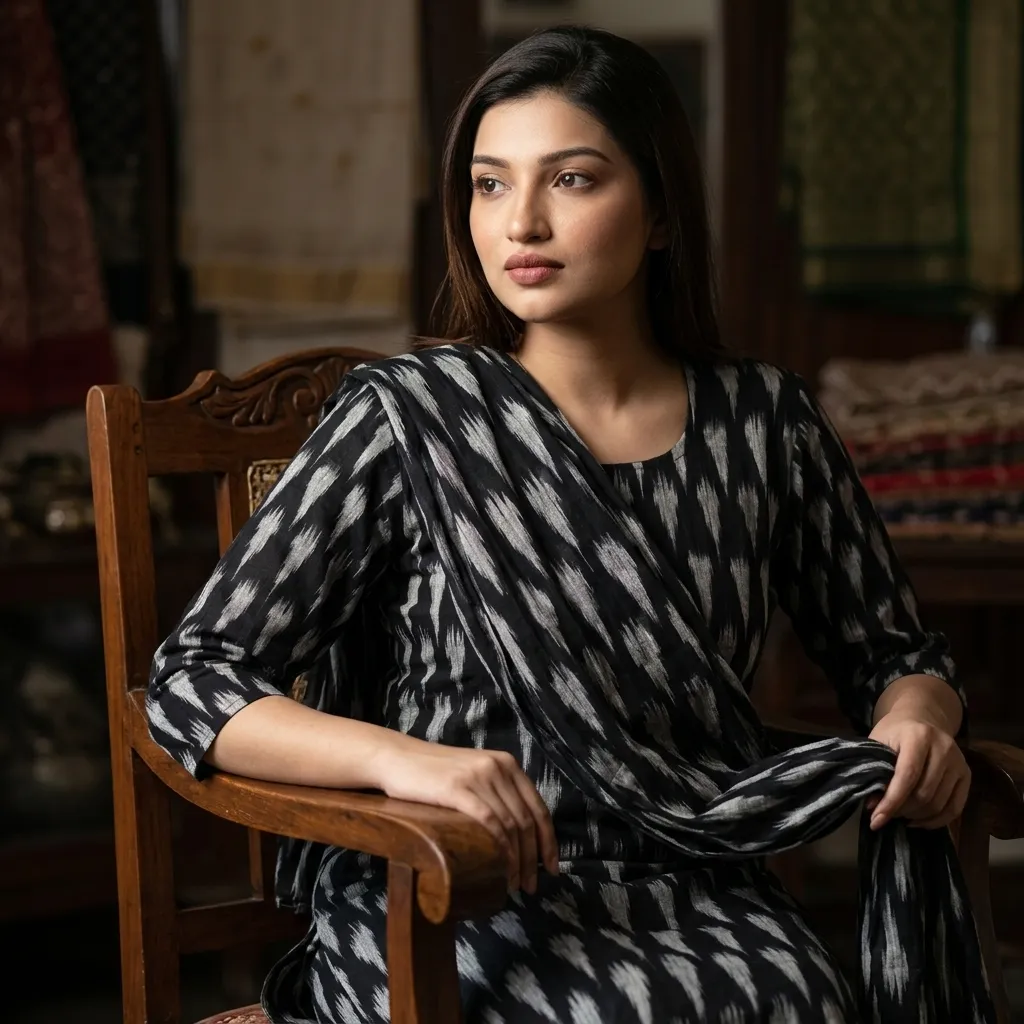 Black & White Ikat Kurti, odisha ikat kurtis at Handloom Garden, Swargadwar, Puri
