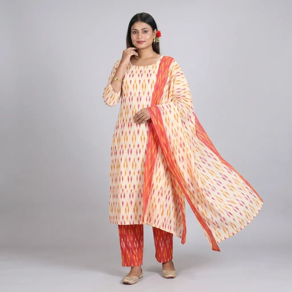 Cream Ikat Kurta Set with Coral Dupatta, odisha ikat kurtis at Handloom Garden, Swargadwar, Puri