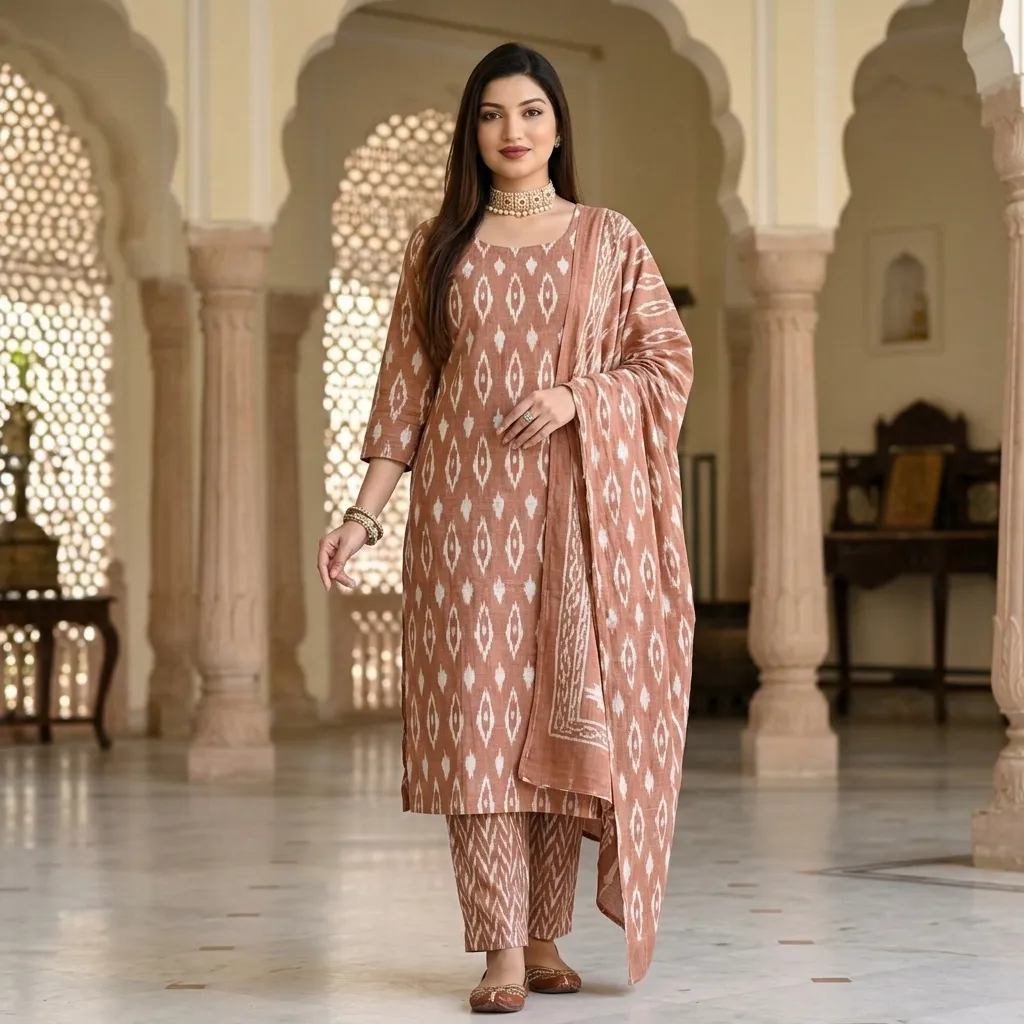 Dusty Rose Ikat Kurta Set, odisha ikat kurtis at Handloom Garden, Swargadwar, Puri