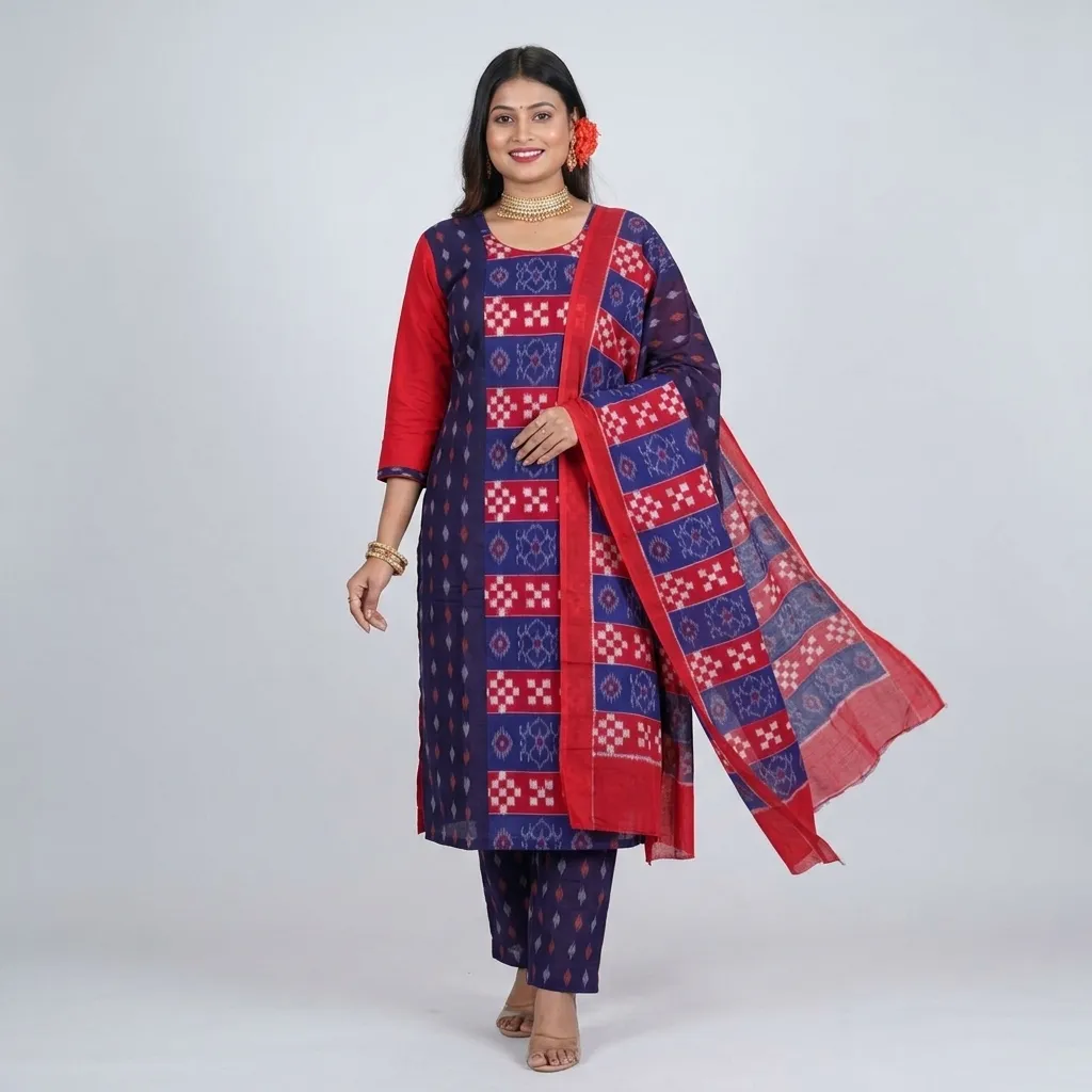 Navy Ikat Kurta Set with Red Dupatta, odisha ikat kurtis at Handloom Garden, Swargadwar, Puri