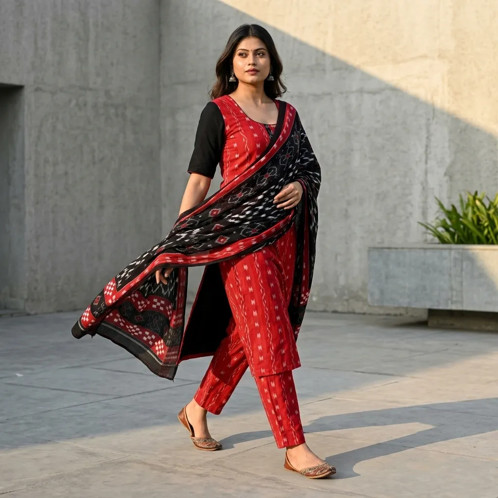 Red Kurta with Black Ikat Dupatta, odisha ikat kurtis at Handloom Garden, Swargadwar, Puri