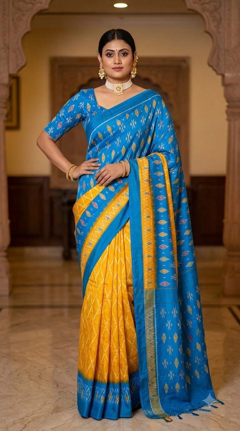 Azure & Marigold Ikat Saree, odisha ikat sarees at Handloom Garden, Swargadwar, Puri