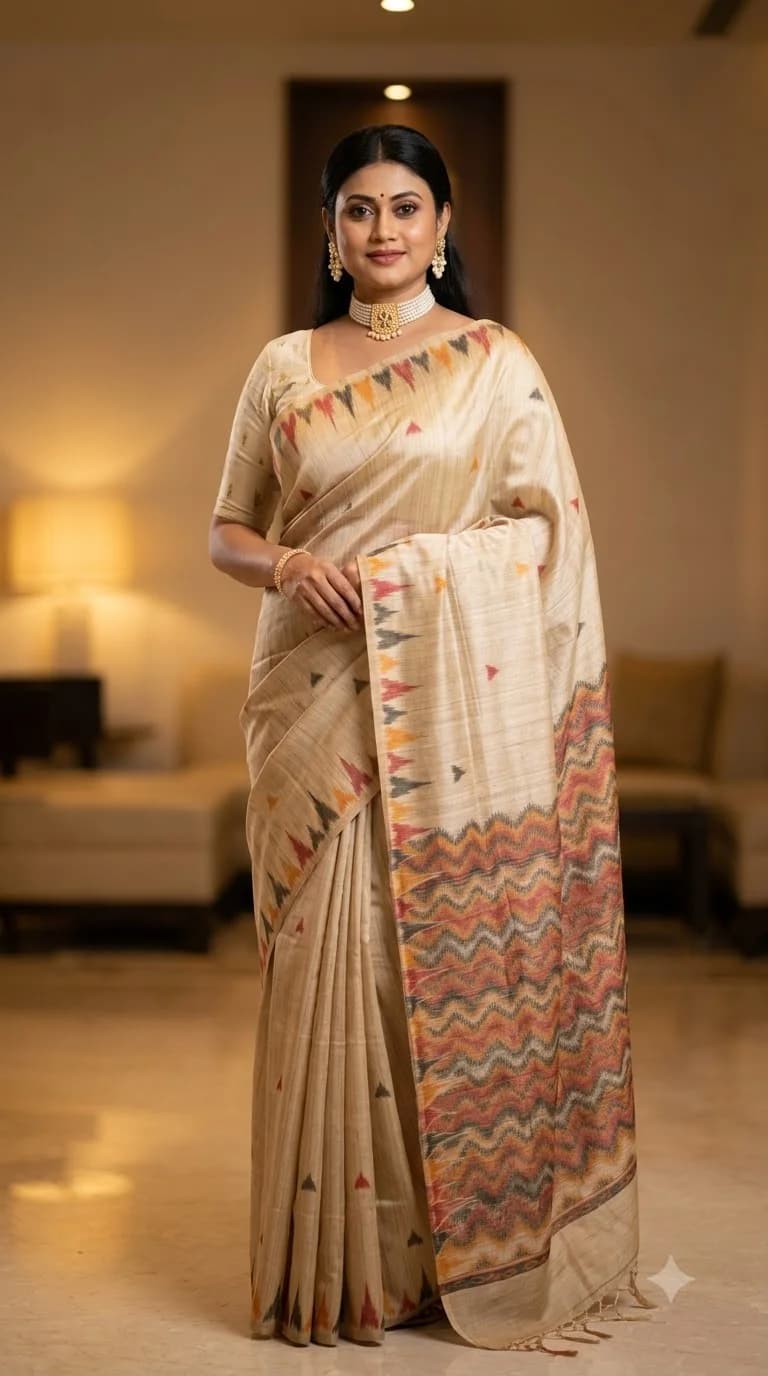 Beige Chevron Pallu Handloom Saree, Handloom Classic saree at Handloom Garden Puri
