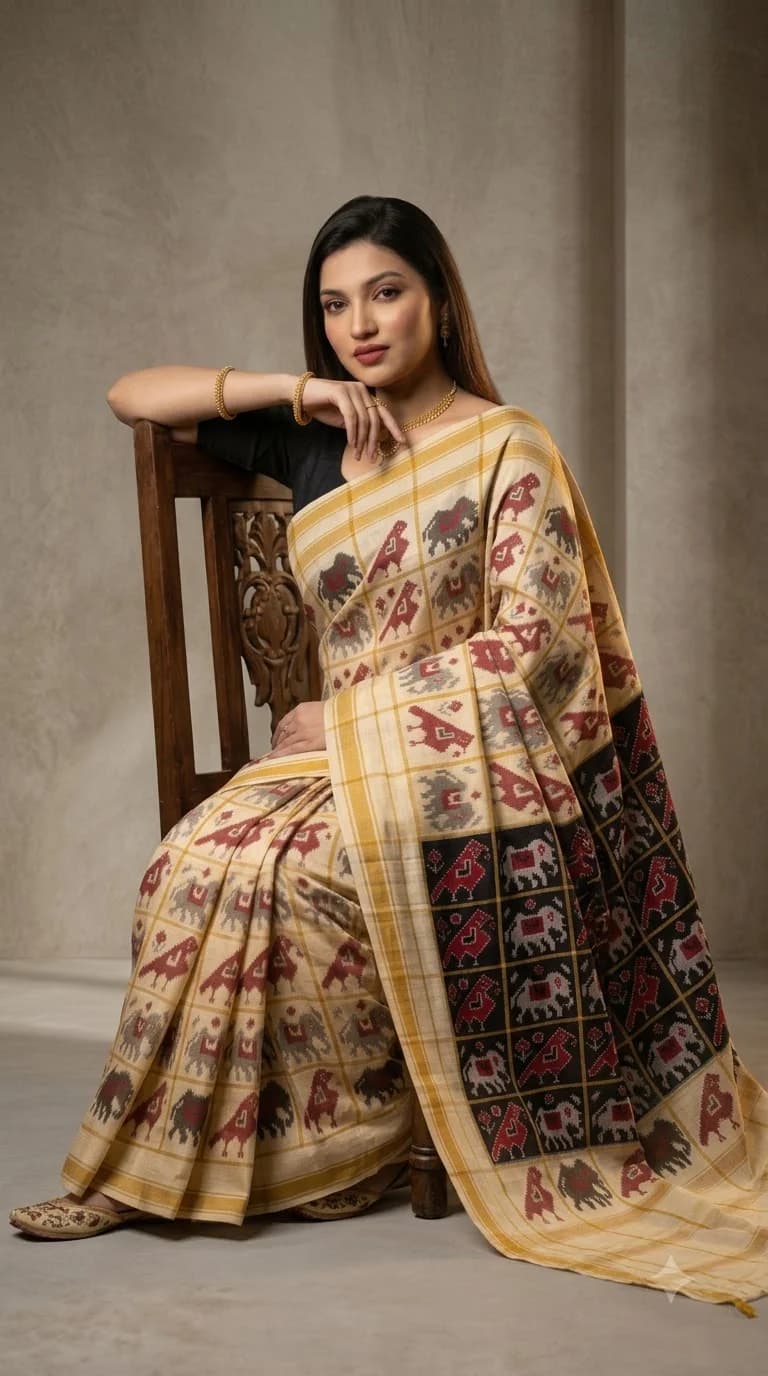 Beige Ikat Saree with Elephant Motifs, Sambalpuri Ikat saree at Handloom Garden Puri