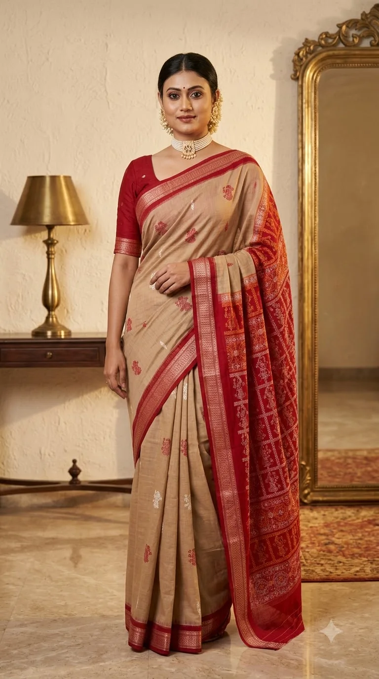 Beige Saree with Red Ikat Border, sambalpuri ikat sarees at Handloom Garden, Swargadwar, Puri