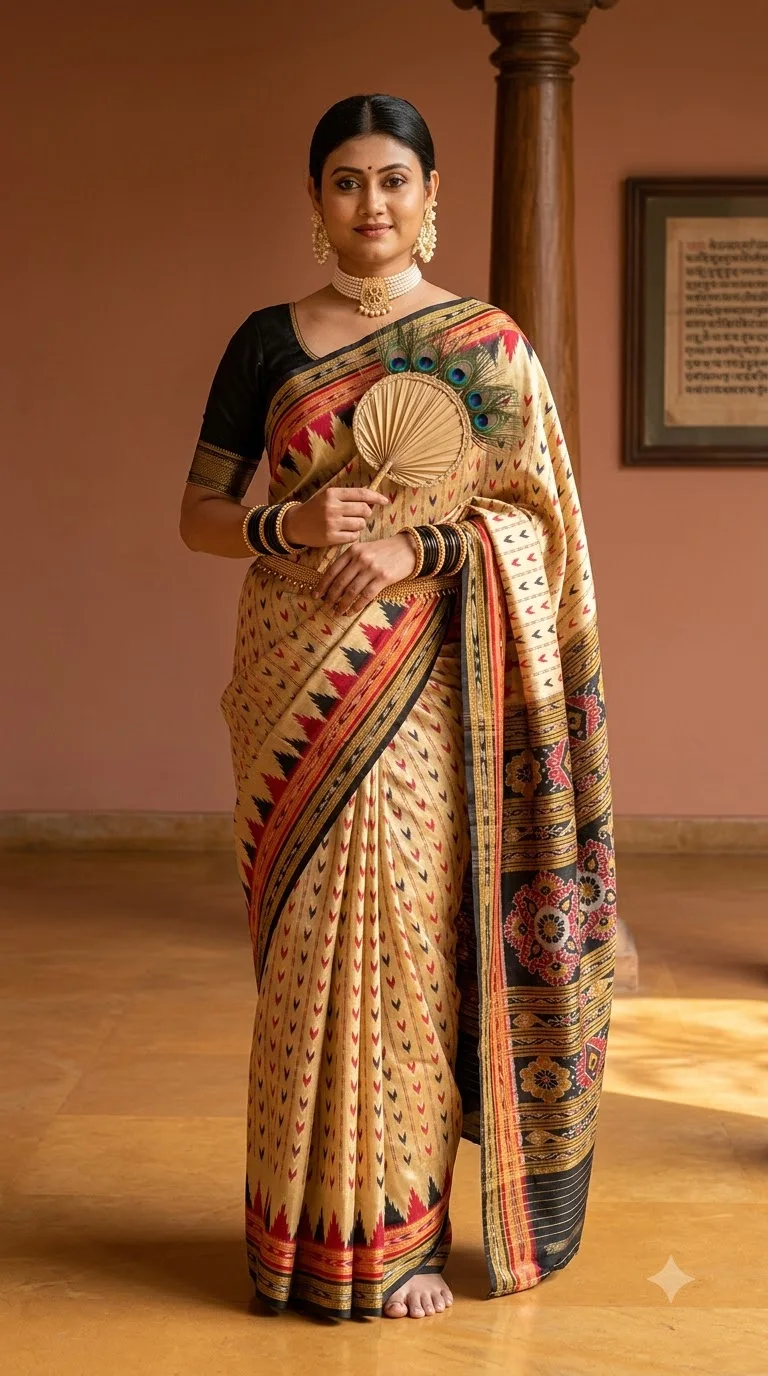 Beige Temple Border Saree with Dot Motifs, bomkai sarees at Handloom Garden, Swargadwar, Puri