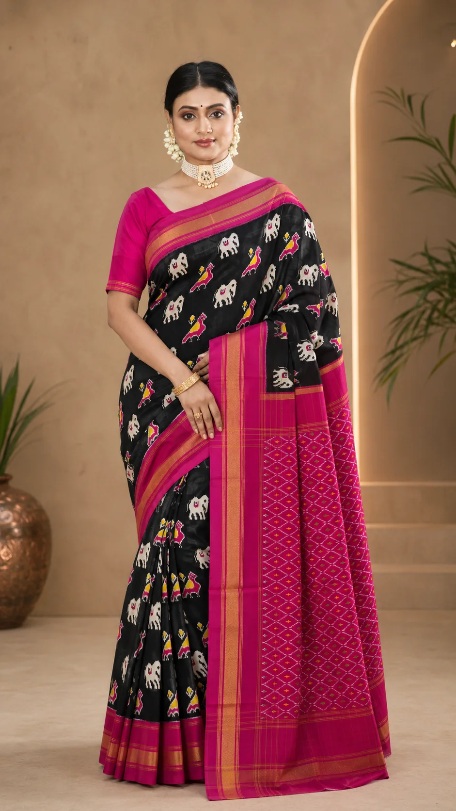 Black & Fuchsia Sambalpuri Saree with Bird Motifs, sambalpuri ikat sarees at Handloom Garden, Swargadwar, Puri