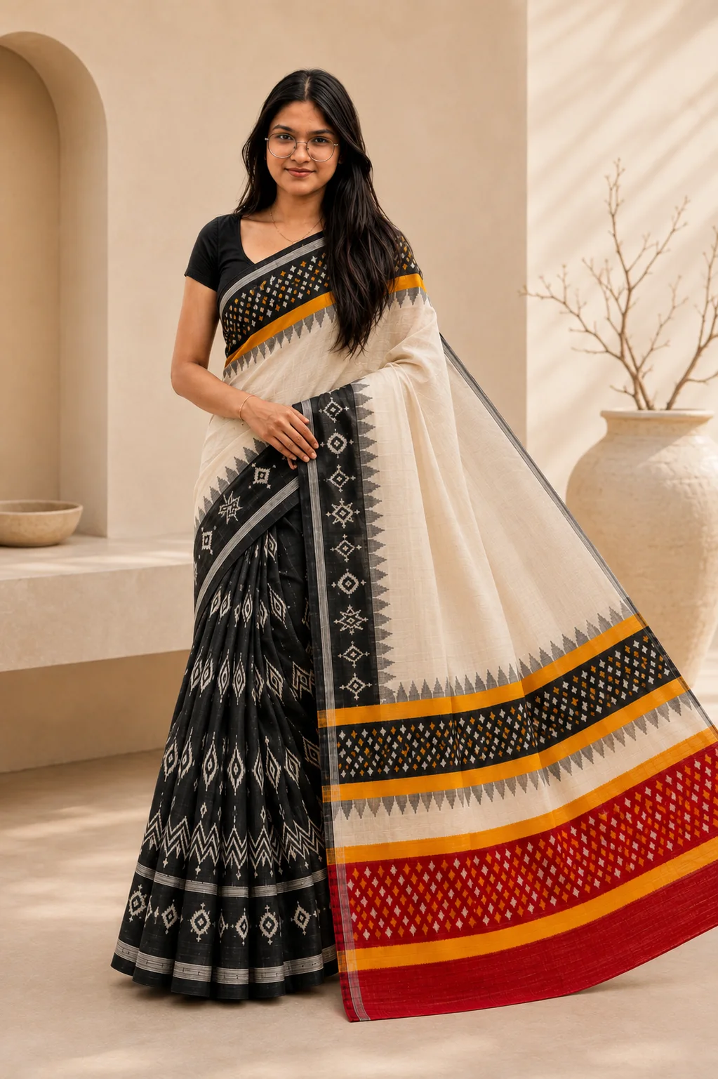 Black & Ivory Ikat Saree with Crimson Pallu, odisha ikat sarees at Handloom Garden, Swargadwar, Puri