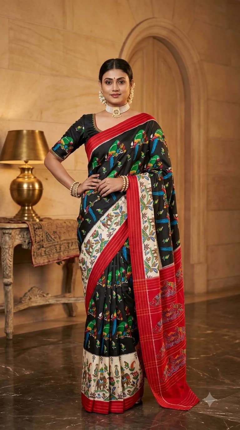 Black Patachitra Saree with Red Ikat Pallu, Patachitra Art saree at Handloom Garden Puri
