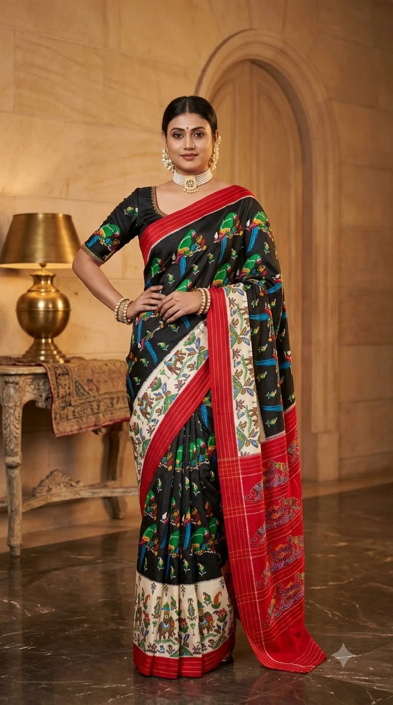 Black Patachitra Saree with Red Ikat Pallu, patachitra art sarees at Handloom Garden, Swargadwar, Puri