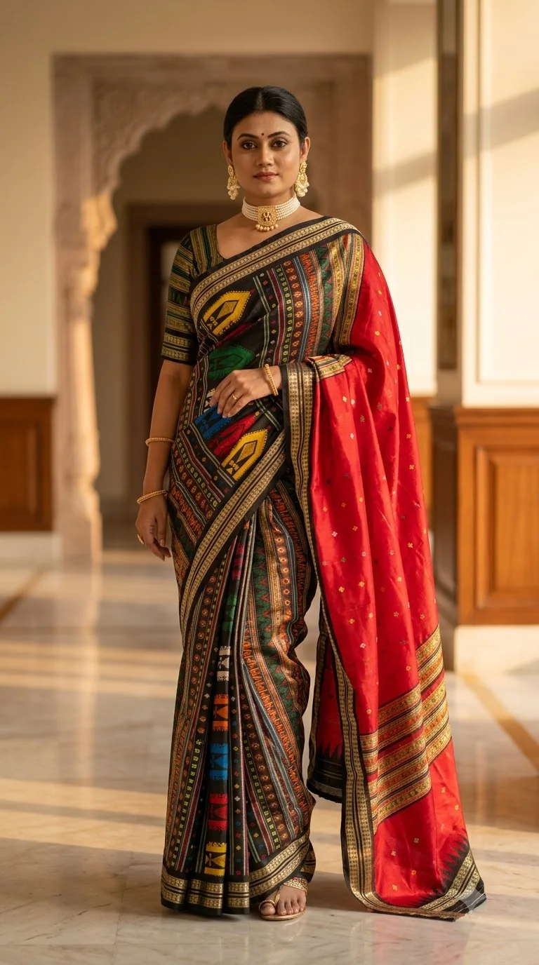 Black Stripe Saree with Scarlet Pallu, handloom classic sarees at Handloom Garden, Swargadwar, Puri