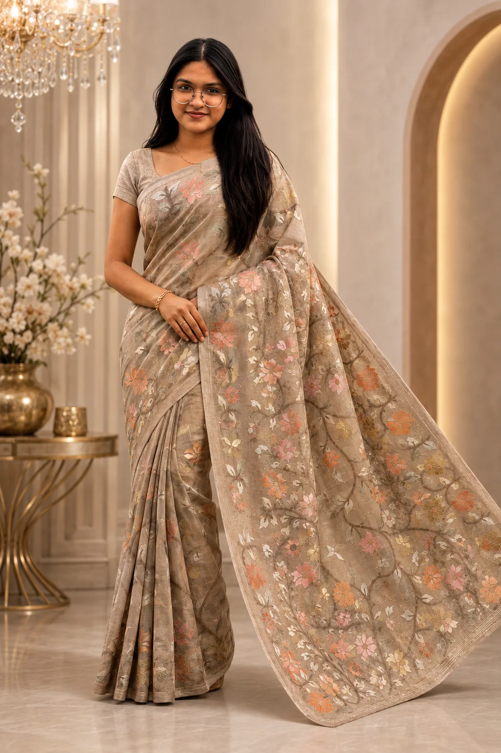 Champagne Floral Jaal Saree, handloom classic sarees at Handloom Garden, Swargadwar, Puri