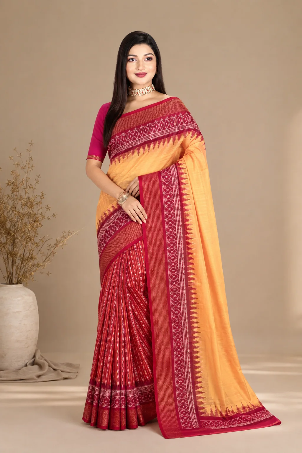 Crimson & Saffron Temple Border Saree, bomkai sarees at Handloom Garden, Swargadwar, Puri