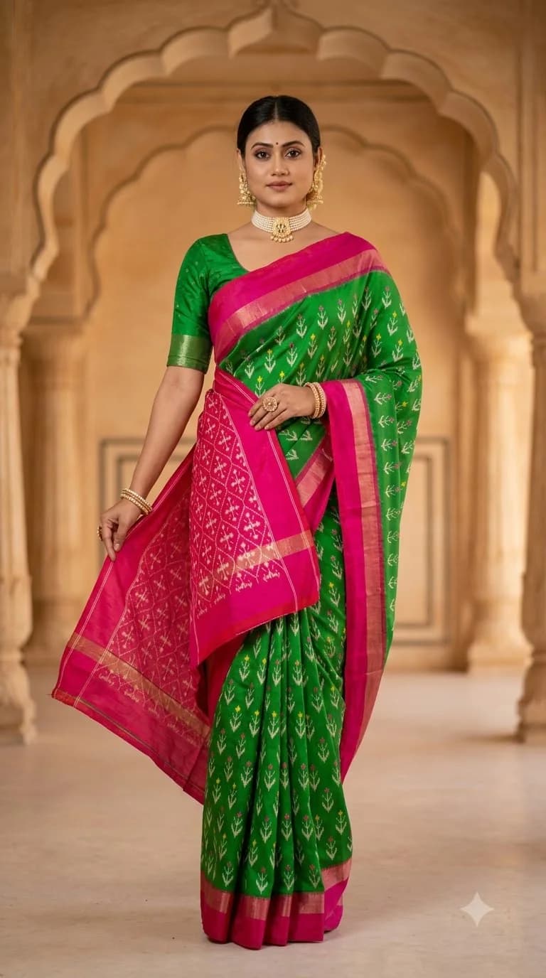 Emerald & Fuchsia Ikat Saree, Odisha Ikat saree at Handloom Garden Puri