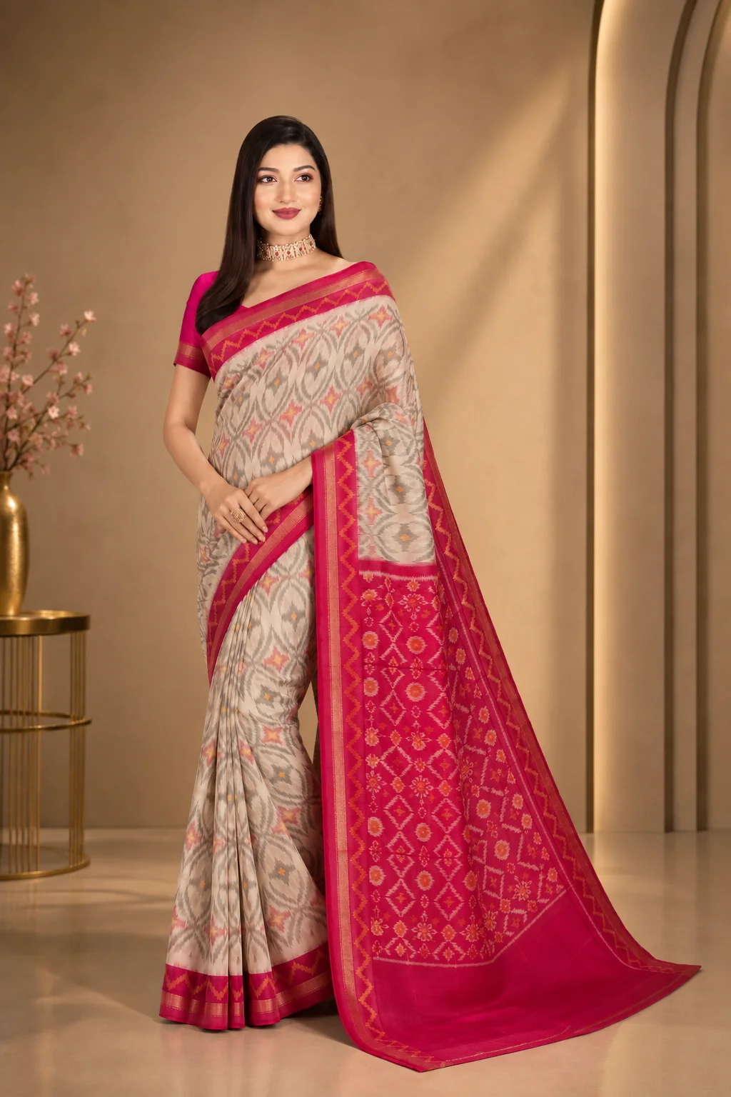 Ivory & Fuchsia Sambalpuri Ikat Saree, Sambalpuri Ikat saree at Handloom Garden Puri