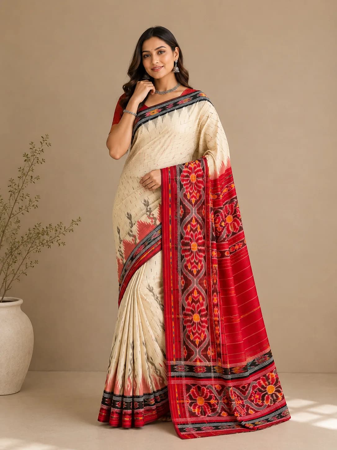 Ivory & Red Ikat Saree with Floral Pallu, Sambalpuri Ikat saree at Handloom Garden Puri