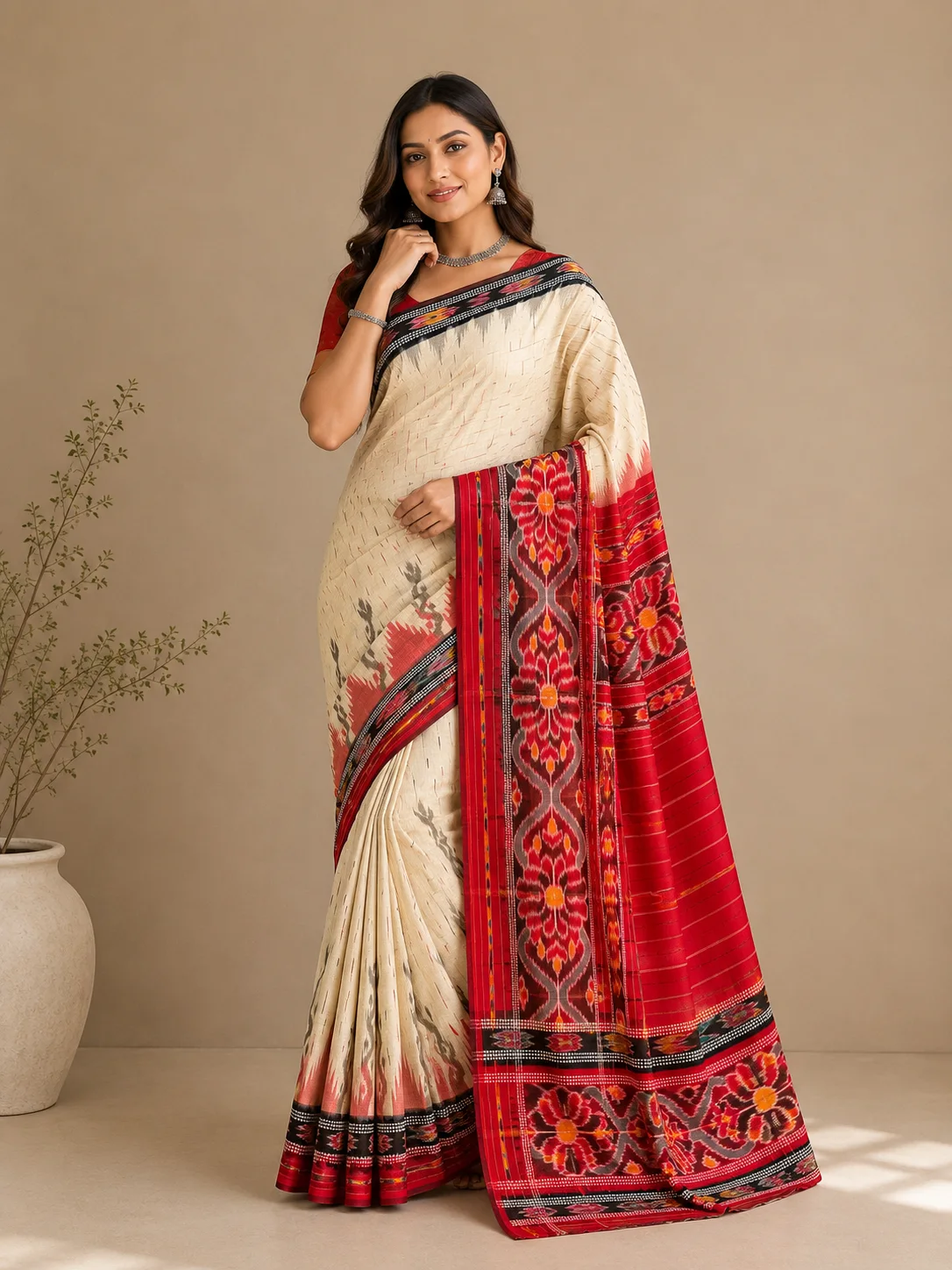 Ivory & Red Ikat Saree with Floral Pallu, sambalpuri ikat sarees at Handloom Garden, Swargadwar, Puri