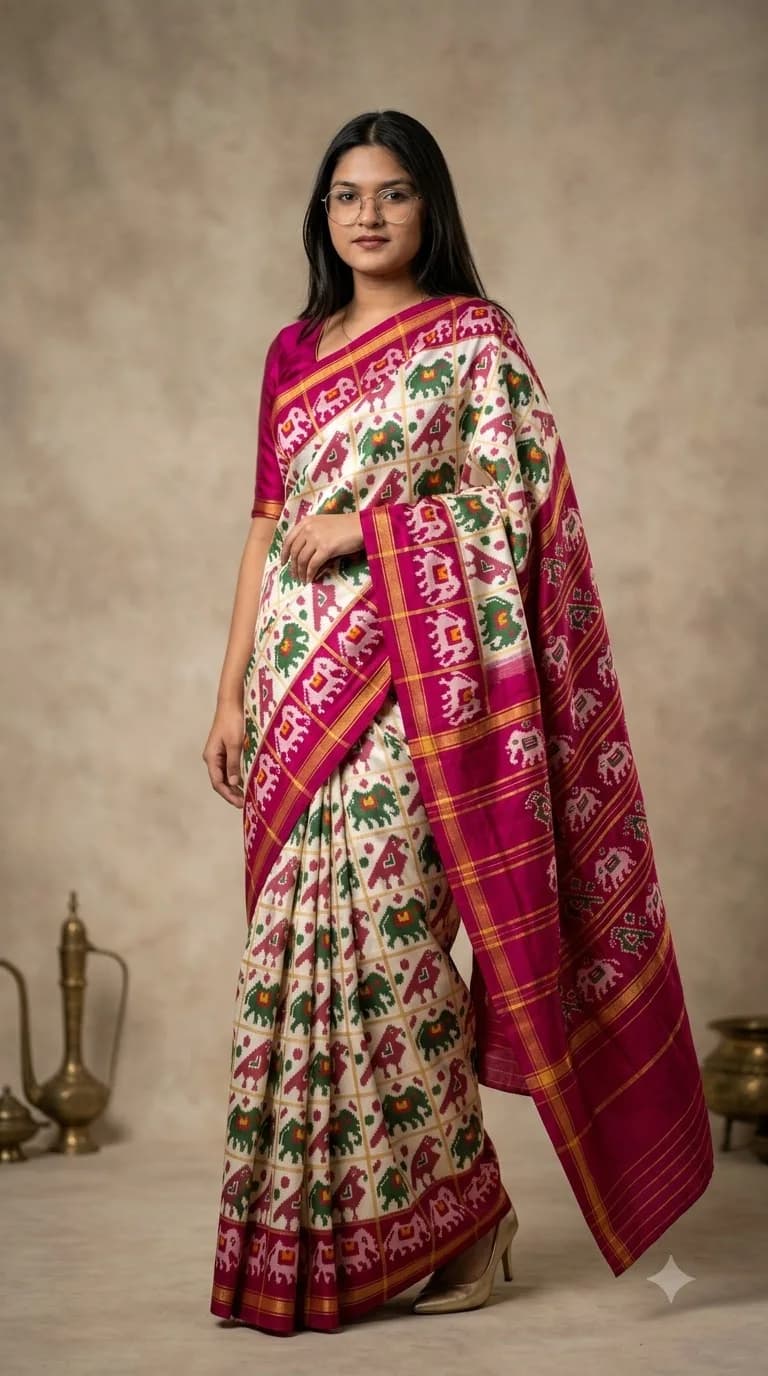Ivory Floral Ikat Saree with Magenta Pallu, Odisha Ikat saree at Handloom Garden Puri