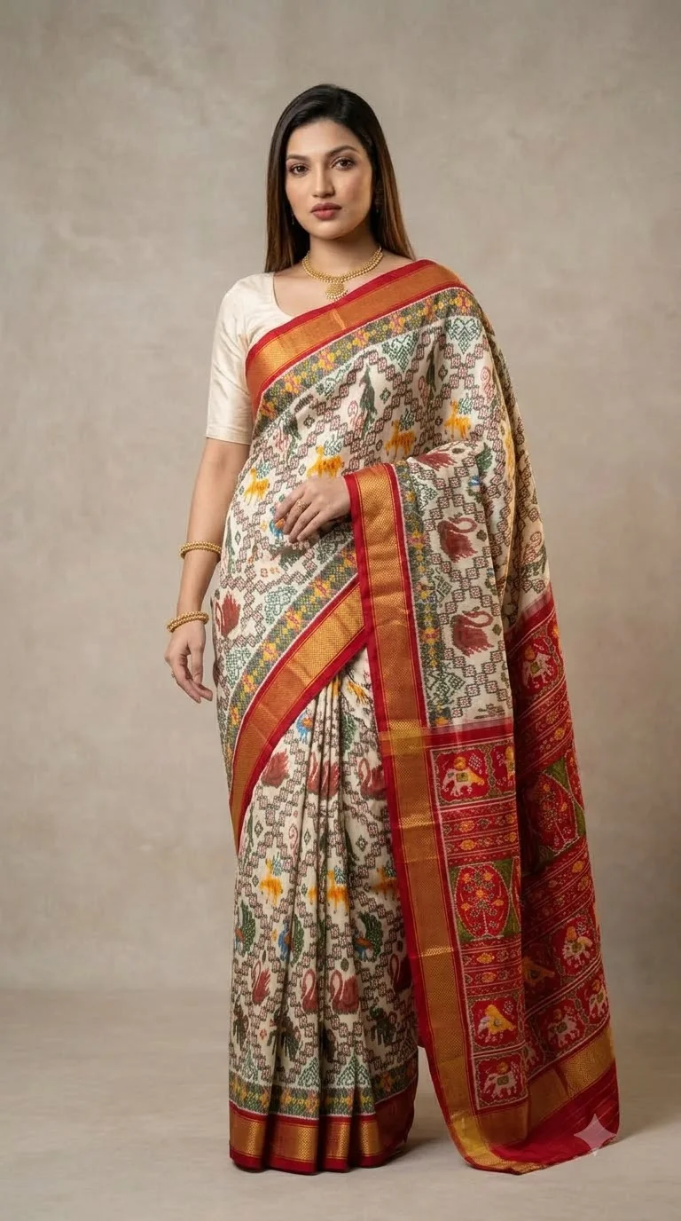 Ivory Floral Saree with Red Ikat Pallu, odisha ikat sarees at Handloom Garden, Swargadwar, Puri