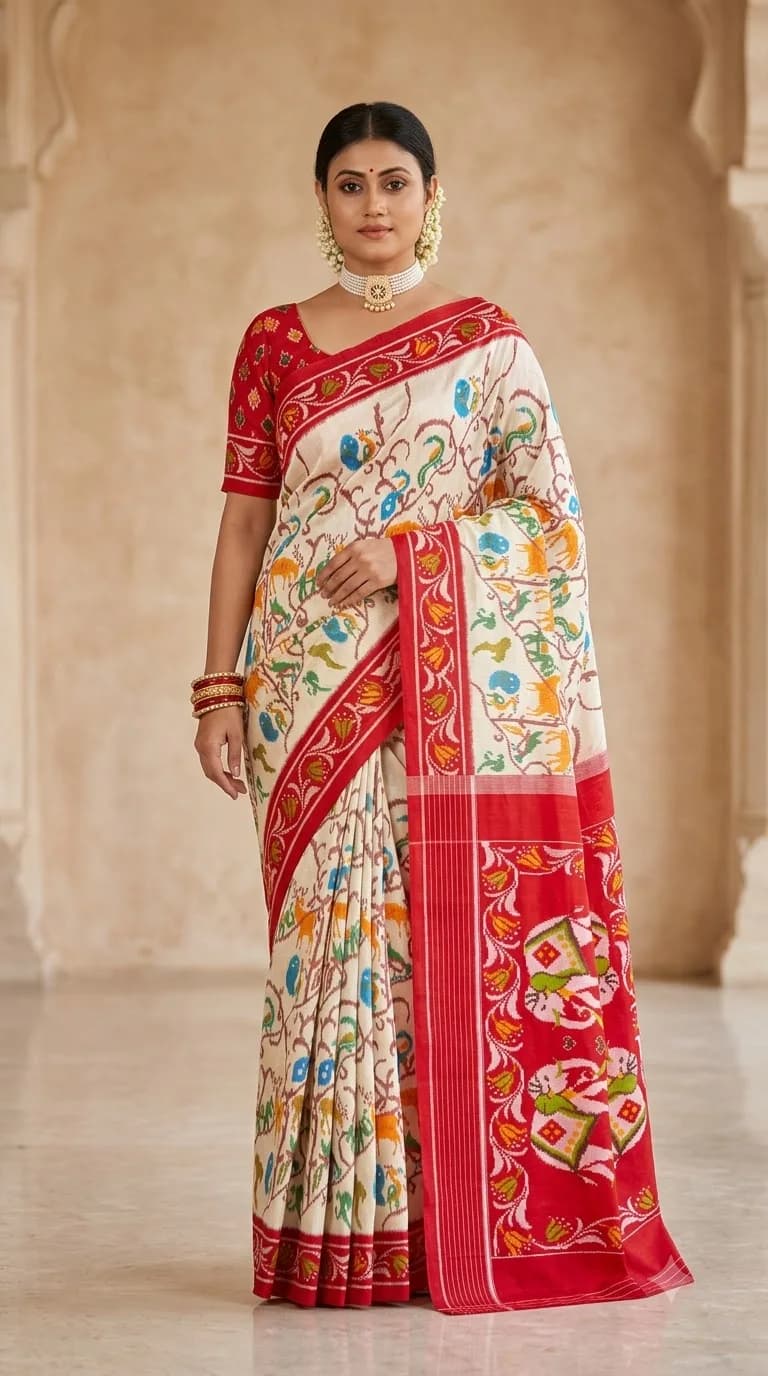 Ivory Painted Floral Saree with Red Pallu, Patachitra Art saree at Handloom Garden Puri