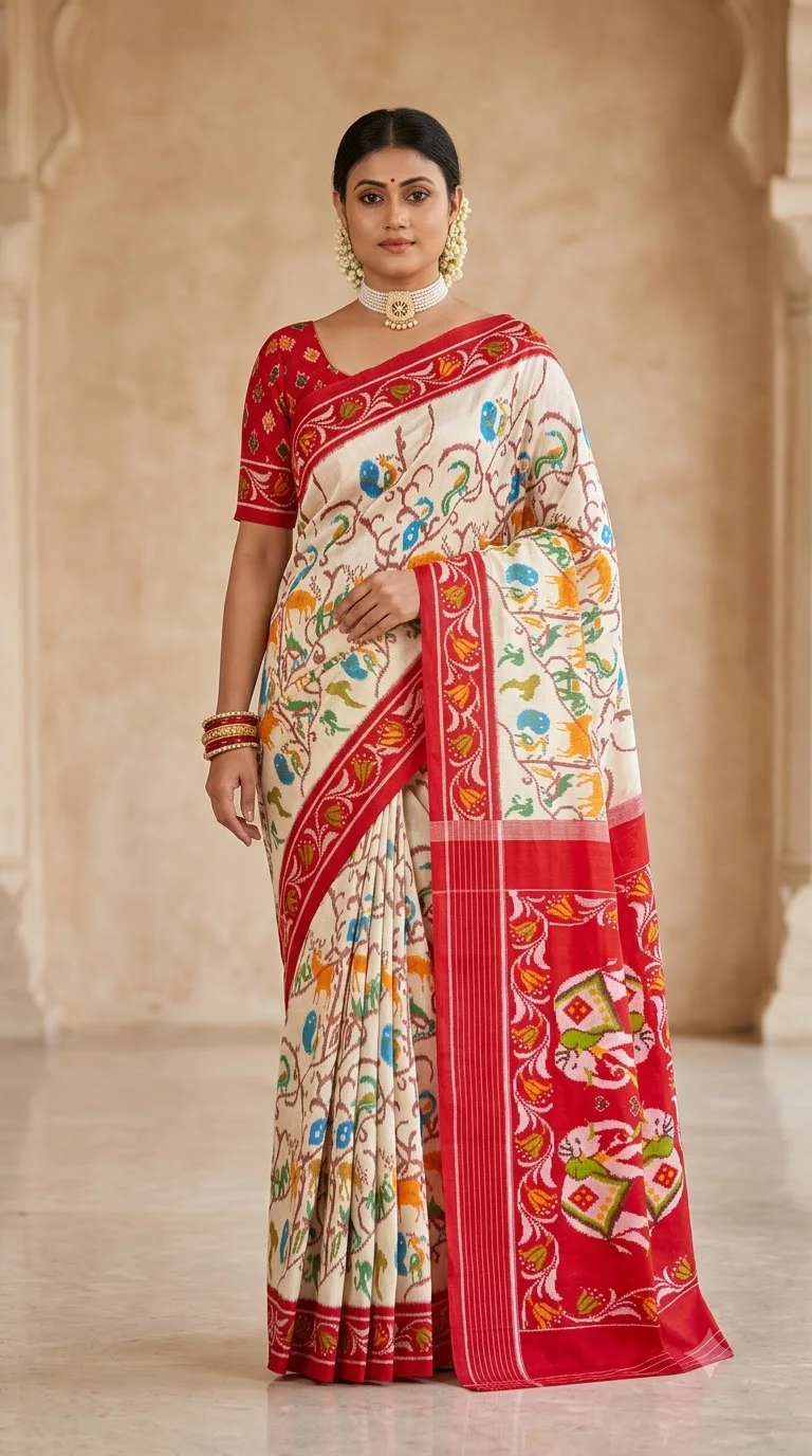 Ivory Painted Floral Saree with Red Pallu, patachitra art sarees at Handloom Garden, Swargadwar, Puri