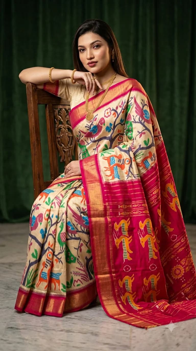 Ivory Patachitra Saree with Fuchsia Pallu, Patachitra Art saree at Handloom Garden Puri