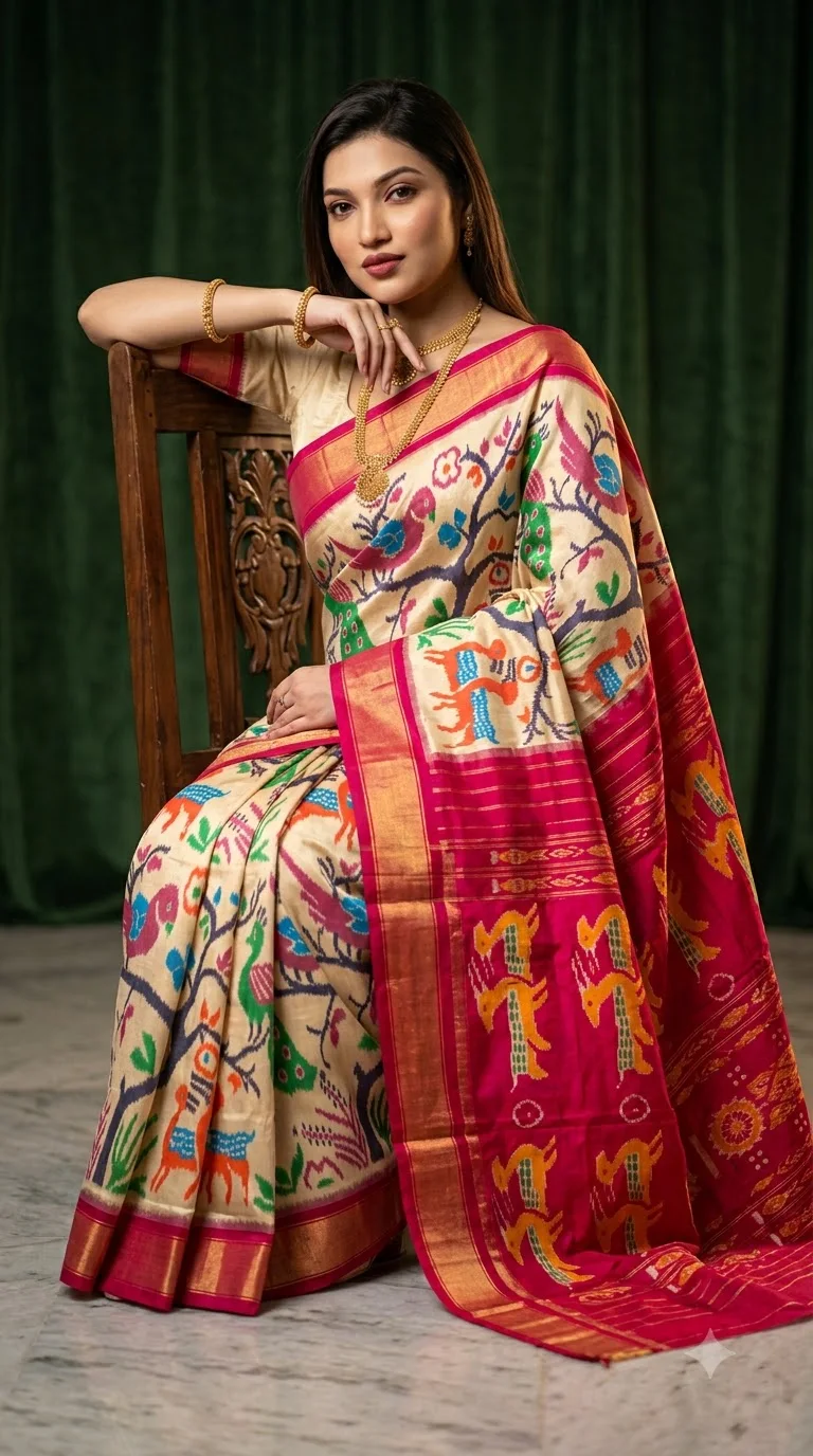 Ivory Patachitra Saree with Fuchsia Pallu, patachitra art sarees at Handloom Garden, Swargadwar, Puri