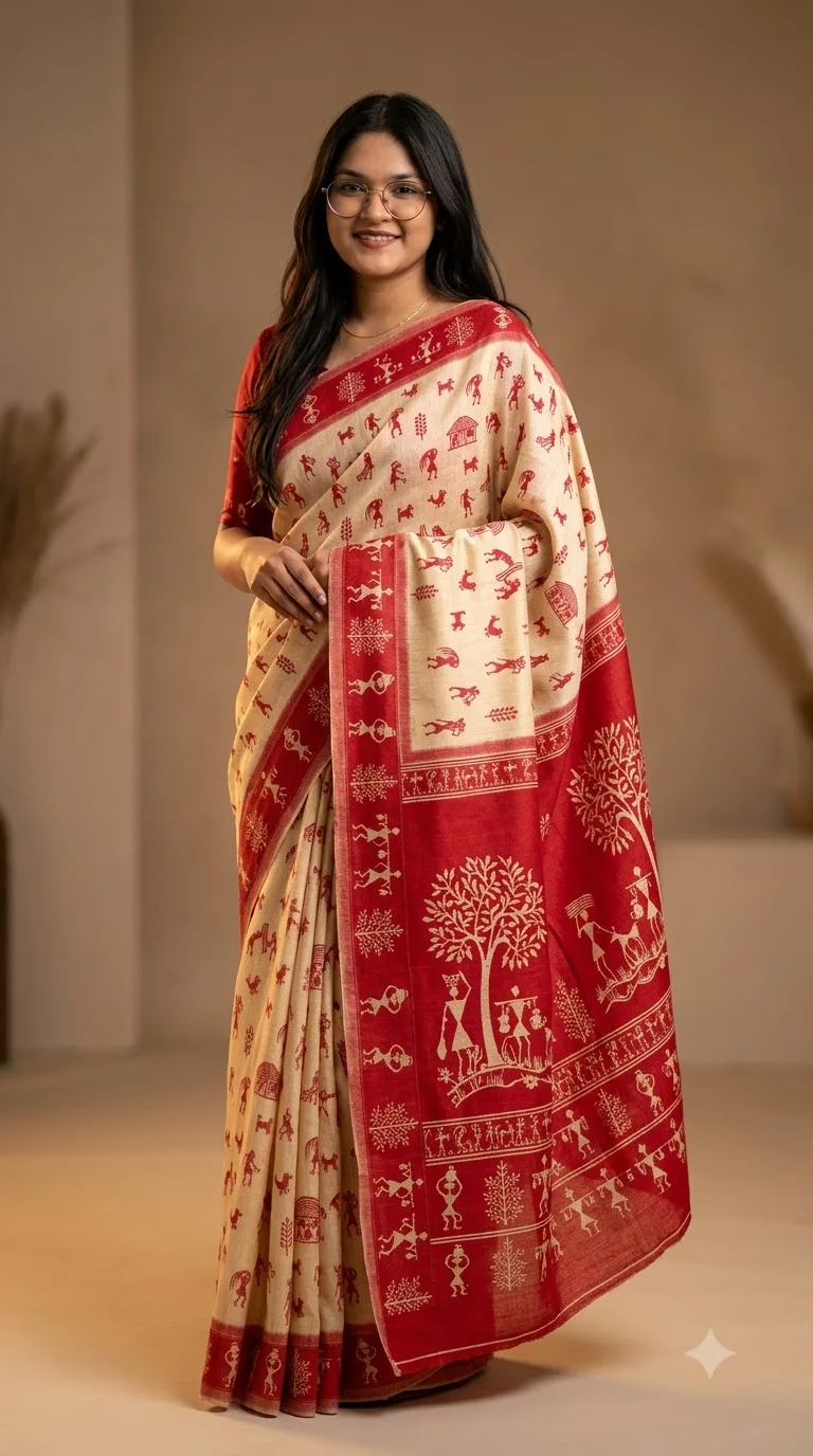 Ivory Saree with Tree of Life Pallu, patachitra art sarees at Handloom Garden, Swargadwar, Puri