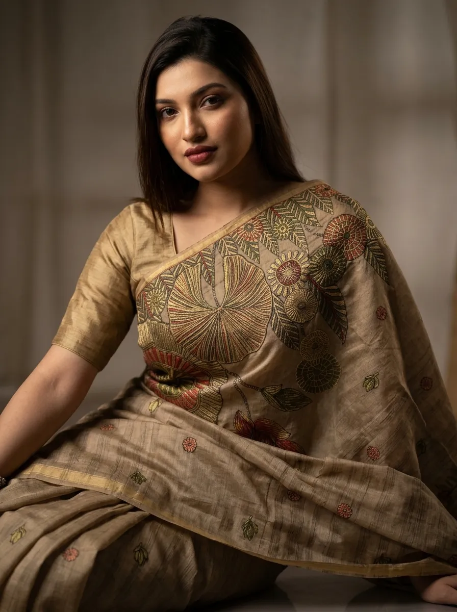 Khaki Tussar Saree with Mandala Motif, tussar style sarees at Handloom Garden, Swargadwar, Puri