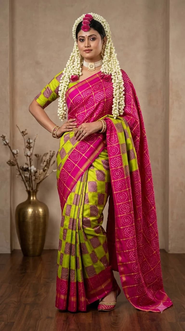 Lime & Fuchsia Pasapalli Bridal Saree, Pasapalli saree at Handloom Garden Puri