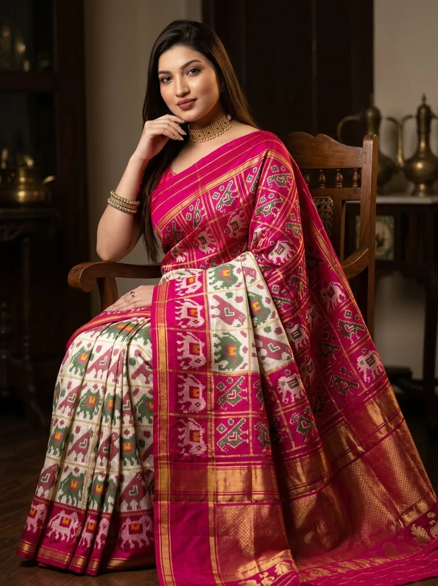 Magenta & Ivory Ikat Saree with Elephant Border, sambalpuri ikat sarees at Handloom Garden, Swargadwar, Puri