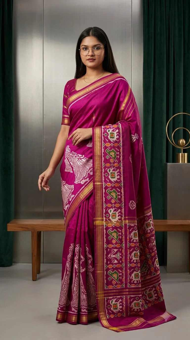Magenta Sambalpuri Saree with Ivory Motifs, sambalpuri ikat sarees at Handloom Garden, Swargadwar, Puri