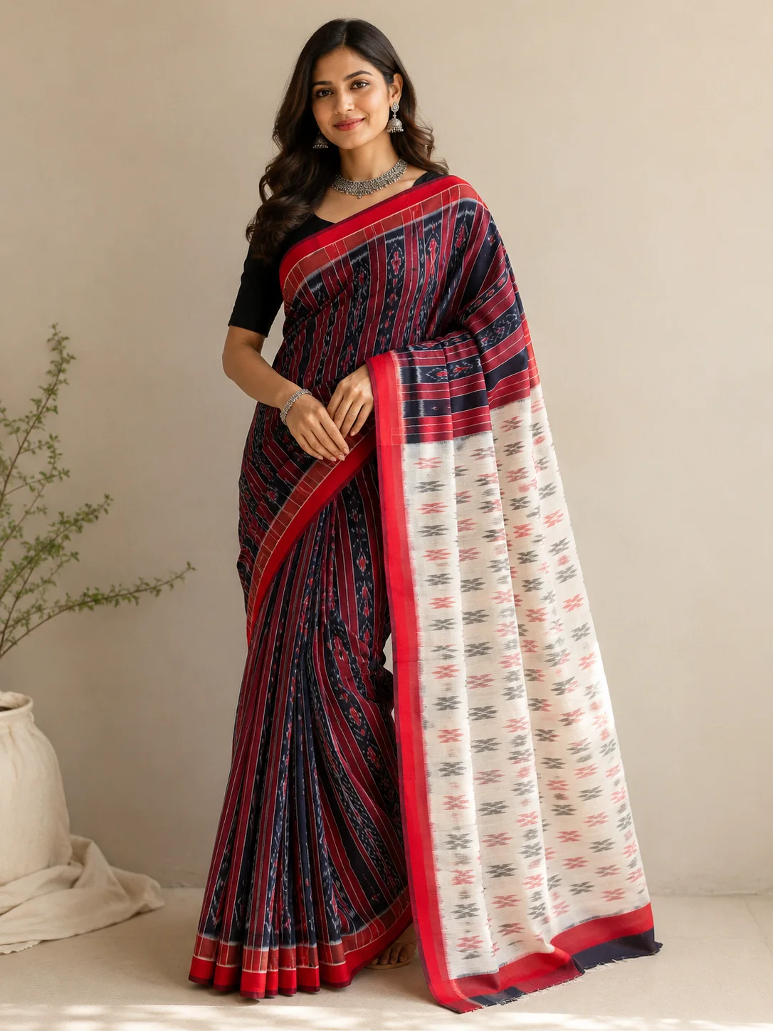 Navy Ikat Saree with Ivory Bandha Pallu, sambalpuri ikat sarees at Handloom Garden, Swargadwar, Puri