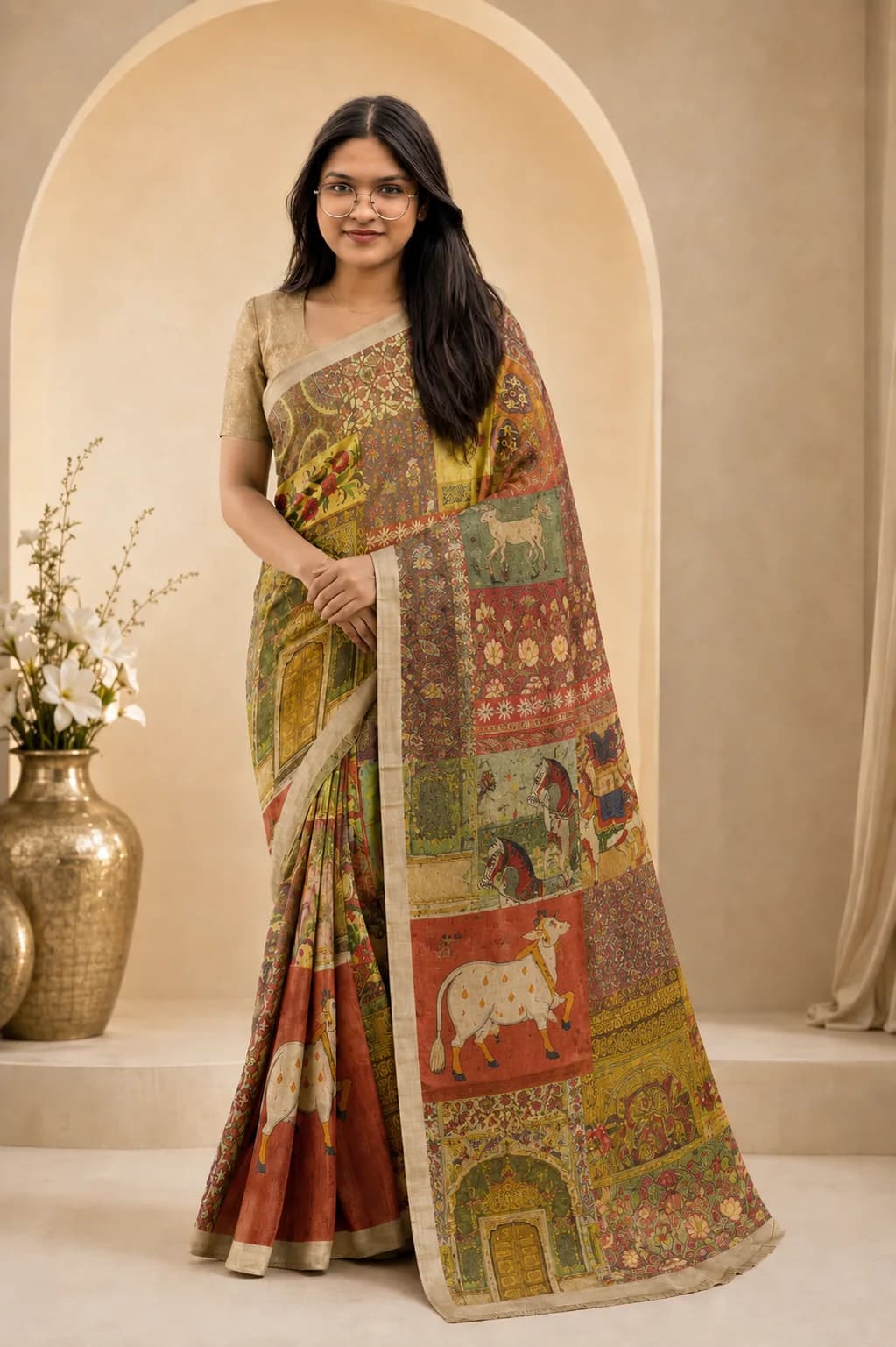 Olive Patachitra Story Panel Saree, Patachitra Art saree at Handloom Garden Puri