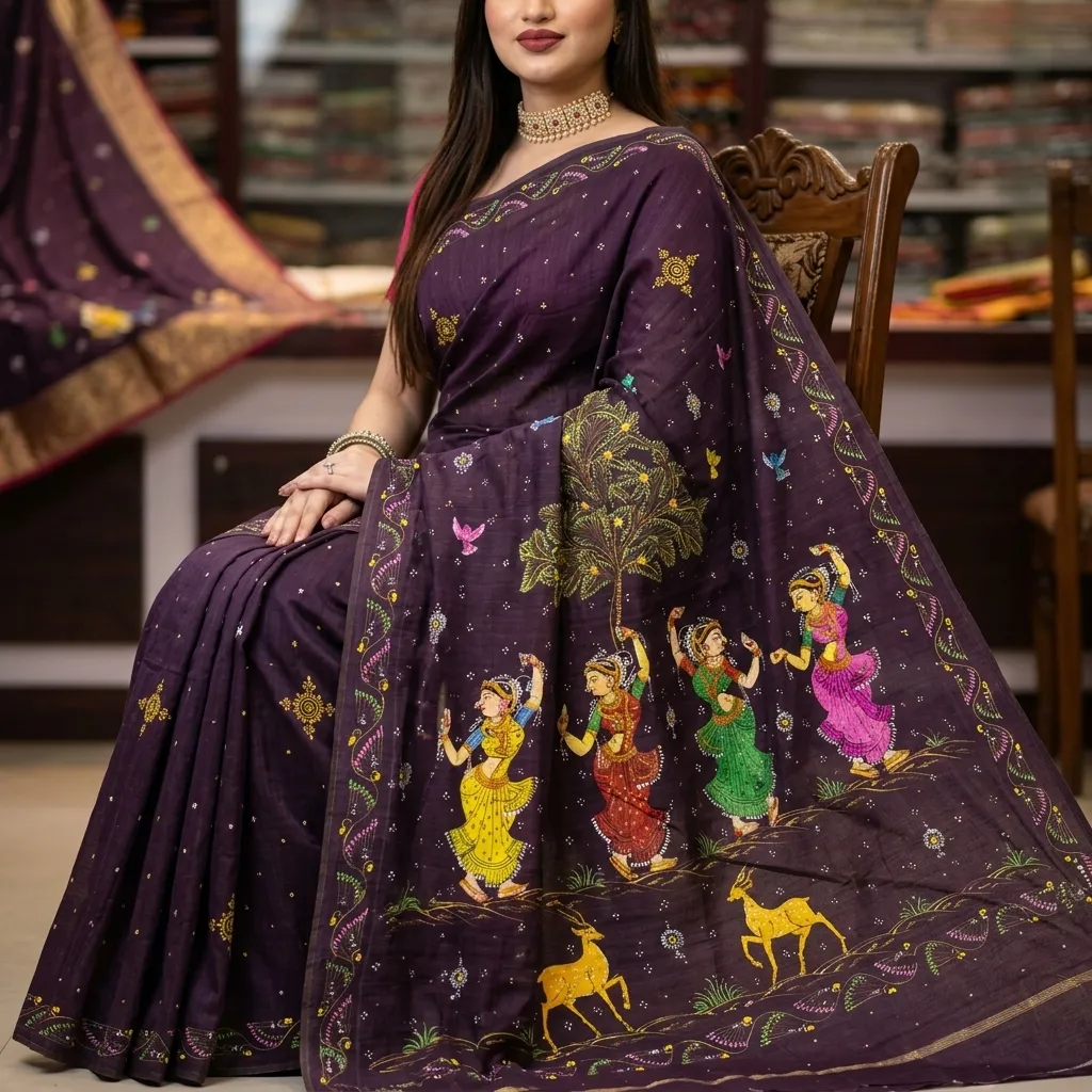 Plum Patachitra Saree with Dancing Gopis, patachitra art sarees at Handloom Garden, Swargadwar, Puri