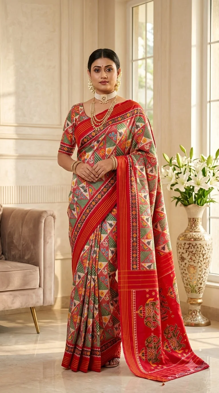 Red Patola-Style Ikat Saree, odisha ikat sarees at Handloom Garden, Swargadwar, Puri