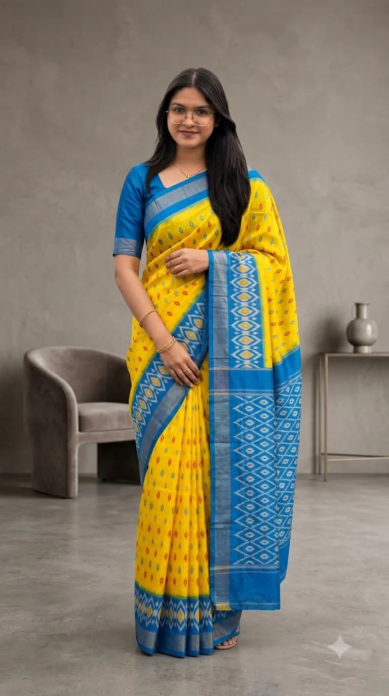 Sunshine Yellow & Azure Ikat Saree, Odisha Ikat saree at Handloom Garden Puri
